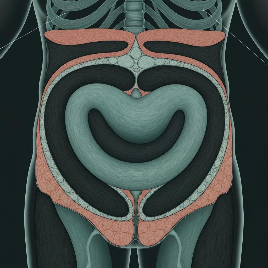 Anatomical cross-section showing subcutaneous and visceral adipose tissue differentiation