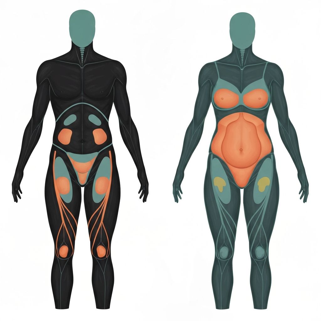 Scientific illustration of sex hormone pathways affecting fat distribution across genders