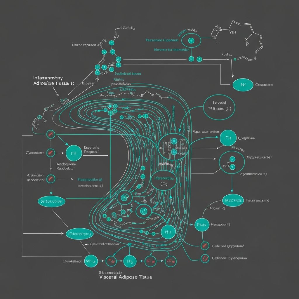 Scientific diagram of inflammatory pathways and adipokine dysregulation in visceral adipose tissue