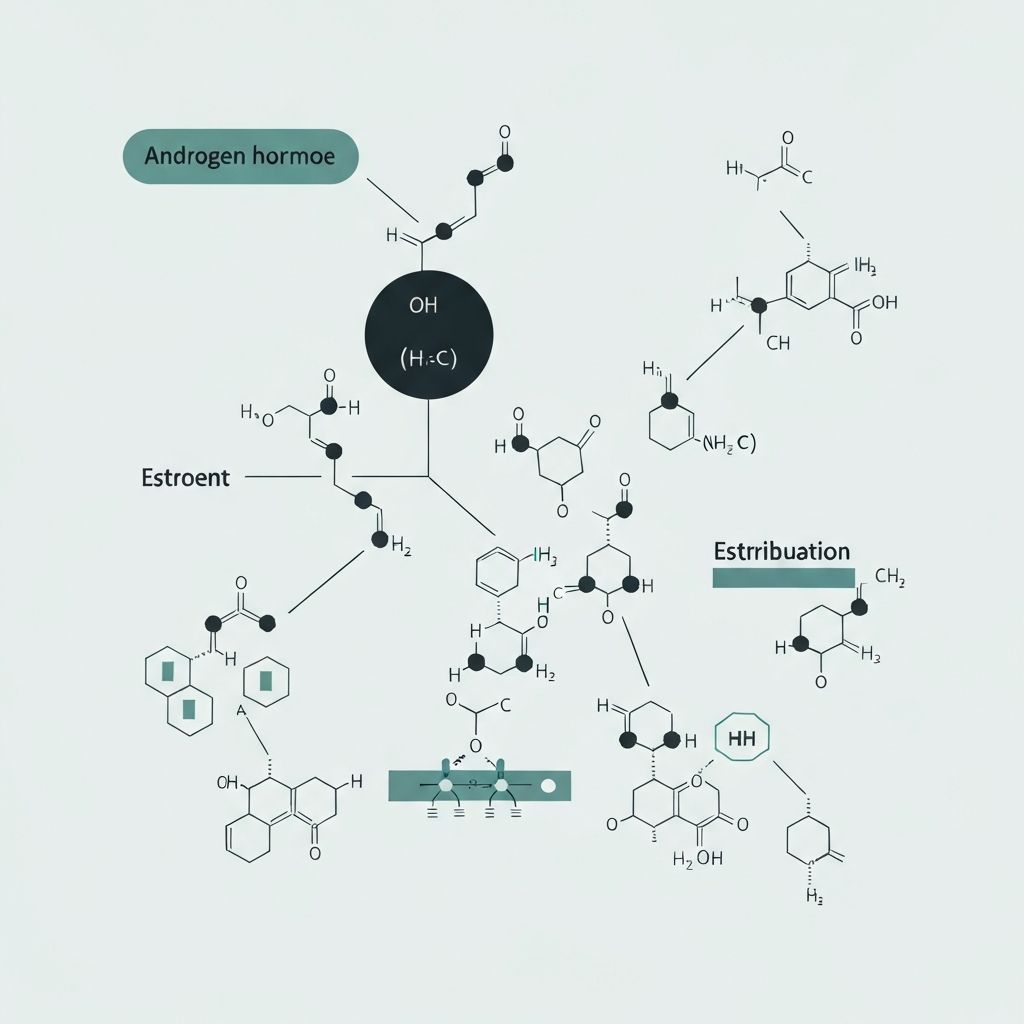Illustration of androgen and estrogen pathways affecting fat distribution